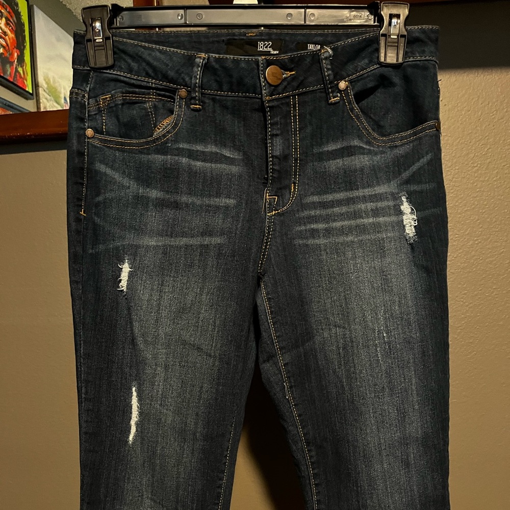 1822 Denim Jeans Women’s 8 Mid-Rise Skinny Zip Distressed Dark Wash Blue Denim